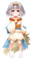 Rule 34 | 1girl, blue bow, blush, bow, brown hairband, closed mouth, facial mark, facial tattoo, full body, grey hair, hairband, highres, kso, large bow, legs, looking at viewer, obi, original, purple eyes, sash, simple background, skirt, smile, socks, solo, standing, tail, tattoo, webp-to-png conversion, white background