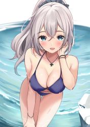 Rule 34 | 1girl, bikini, blue bikini, blue eyes, blush, bracelet, breasts, cleavage, collarbone, crossed bangs, fisheye, from above, grey hair, hair between eyes, hand on own face, highres, jewelry, large breasts, leaning forward, long hair, looking at viewer, necklace, open mouth, original, ponytail, ry thae, sanyu (ry thae), smile, solo, swimsuit, thigh gap, upturned eyes, water, wet