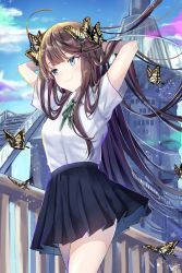 Rule 34 | 1girl, arms behind head, arms up, black skirt, blue eyes, blue sky, blush, brown hair, bug, building, butterfly, butterfly on head, castle, closed mouth, collared shirt, commentary request, dated, day, green ribbon, highres, insect, long hair, miniskirt, neck ribbon, original, outdoors, pleated skirt, railing, ribbon, sakippo (sakippo0), shirt, short sleeves, signature, skirt, sky, smile, solo, stairs, swallowtail butterfly, very long hair, white shirt