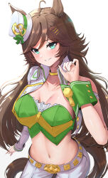 Rule 34 | 1girl, absurdres, ahoge, animal ears, aqua eyes, breasts, brown hair, choker, commentary request, cowboy shot, crop top, grin, hair ornament, hairclip, hat, highres, horse ears, large breasts, long hair, looking at viewer, midriff, mini hat, mini top hat, mr. c.b. (umamusume), navel, pants, shirt, simple background, single bare shoulder, smile, solo, standing, stomach, strapless, strapless shirt, take978733141, top hat, umamusume, very long hair, white background, white hat, white pants, wrist cuffs, yellow choker