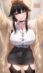 Rule 34 | 1girl, absurdres, akchu, bare shoulders, black hair, blush, breasts, bursting breasts, button gap, buttons, chobi (akchu), choker, cleavage, hair between eyes, hair ribbon, highres, large breasts, long hair, original, outstretched arms, red eyes, ribbon, shirt, sidelocks, smile, solo, thighhighs, thighs, undersized clothes, white shirt, wide hips