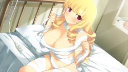 Rule 34 | 1girl, bandages, bandages, bed, bed sheet, blonde hair, blush, breasts, cable, cleavage, drill hair, evenicle, female focus, game cg, large breasts, long hair, looking at viewer, naked bandage, natal (evenicle), navel, pillow, purple eyes, sitting, smile, solo, yaegashi nan