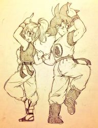 Rule 34 | 1boy, 1girl, black eyes, black hair, boots, bulma, dancing, dougi, dragon ball, egyptian clothes, eye contact, full body, ginga patrol jaco, happy, index finger raised, leg up, looking at another, looking back, monochrome, ponytail, sandals, short hair, simple background, smile, son goku, spiked hair, time paradox, tkgsize, wristband