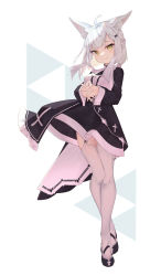 Rule 34 | 1girl, ahoge, animal ear fluff, animal ears, black dress, black footwear, blush, closed mouth, dress, full body, highres, long hair, long sleeves, looking at viewer, mishuo (misuo69421), original, own hands clasped, own hands together, shoes, silver hair, simple background, smile, solo, thighhighs, white background, white thighhighs, yellow eyes