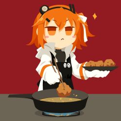 Rule 34 | 1girl, :&lt;, a.i. voice, adachi rei, apron, black apron, black shirt, blush stickers, chopsticks, closed mouth, commentary request, cooking, cooking oil, fried chicken, frying pan, gloves, hair ornament, hair ribbon, hairclip, headlamp, holding, holding chopsticks, holding plate, hood, hood down, hooded jacket, jacket, jitome, long sleeves, looking at viewer, medium hair, no pupils, no sclera, one side up, orange hair, plate, radio antenna, red background, ribbon, shirt, simple background, solo, sparkle, stove, table, turtleneck, upper body, utau, v-shaped eyebrows, white gloves, white jacket, white ribbon, yuhshi (u4)