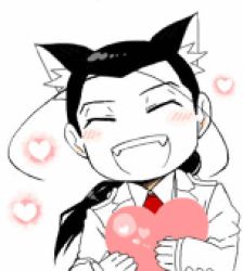 Rule 34 | 1boy, :d, animal ears, animated, animated gif, antenna hair, black hair, blush, closed eyes, formal, fullmetal alchemist, happy, heart, kemonomimi mode, long hair, lowres, male focus, monochrome, ntm, open mouth, ponytail, smile, solf j. kimblee, solo, suit, white suit