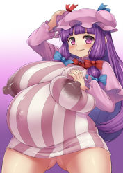 Rule 34 | 1girl, big belly, blush, bow, breasts, covered erect nipples, dark nipples, dress, fat, hand on own chest, highres, large breasts, long hair, nipples, patchouli knowledge, pink eyes, plump, pregnant, purple hair, sagging breasts, see-through, solo, touhou