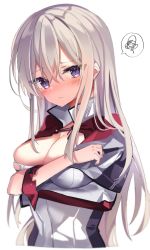 Rule 34 | 1girl, alternate hairstyle, breasts, capelet, celtic knot, cleavage, cross, fathom, graf zeppelin (kancolle), hair down, highres, iron cross, kantai collection, large breasts, looking at viewer, necktie, purple eyes, silver hair, simple background, solo, spoken squiggle, squiggle, torn clothes, upper body, white background