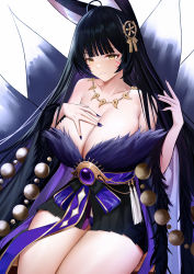 Rule 34 | absurdres, ahoge, animal ears, azur lane, bare shoulders, black hair, breasts, cleavage, facial mark, fingernails, fox ears, fox girl, hair ornament, highres, japanese clothes, jewelry, kimono, large breasts, long fingernails, long hair, magatama, magatama necklace, mcic0, multiple tails, musashi (azur lane), nail polish, necklace, pleated skirt, short kimono, simple background, skirt, tail, thighs, white background, yellow eyes