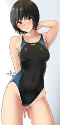Rule 34 | 1girl, amagami, arm up, armpits, black hair, breasts, brown eyes, competition swimsuit, highres, looking at viewer, medium breasts, nanasaki ai, one-piece swimsuit, short hair, signature, smile, solo, swimsuit, thighs, white background, yoo tenchi