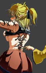 Rule 34 | 2girls, alternate hairstyle, armpits, back, bare shoulders, blonde hair, blush, body writing, breasts, brown skirt, calligraphy brush, clothes lift, cowboy shot, frilled sleeves, frills, green eyes, hanetsuki, highres, komeiji koishi, lifted by self, long sleeves, manekinekoppoi inu, medium breasts, mizuhashi parsee, multiple girls, open mouth, out of frame, paintbrush, pointy ears, ponytail, sideboob, skirt, sleeveless, solo focus, tank top, touhou, wide sleeves
