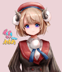 Rule 34 | 1girl, :3, absurdres, blue ribbon, breasts, buttons, closed mouth, collared shirt, commentary request, double-breasted, dress shirt, grey jacket, hair rings, hat, highres, hololive, horns, indie virtual youtuber, jacket, long sleeves, looking at viewer, medium breasts, neck ribbon, nymph rhythm, pink background, pinstripe jacket, pinstripe pattern, pom pom (clothes), purple eyes, red beret, red hat, red sailor collar, ribbon, sailor collar, school uniform, sheep horns, shigure ui (vtuber), shigure ui (vtuber) (1st costume), shirt, simple background, smile, smug, solo, striped clothes, striped jacket, tsunomaki watame, upper body, vertical-striped clothes, vertical-striped jacket, virtual youtuber, white shirt