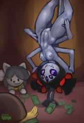 Rule 34 | 2girls, arthropod girl, breasts, colored skin, extra arms, extra eyes, insect girl, money, muffet, multiple girls, pole dancing, purple skin, pussy, short hair, spider girl, temmie, undertale, upside-down
