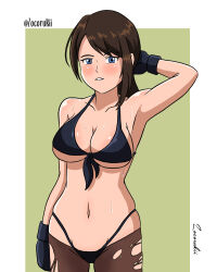 Rule 34 | 1girl, bikini, breasts, cosplay, front-tie bikini top, front-tie top, gloves, gun, highres, holster, large breasts, metal gear (series), metal gear solid, metal gear solid v: the phantom pain, navel, non-web source, ponytail, quiet (metal gear), quiet (metal gear) (cosplay), rifle, sniper rifle, solo, swimsuit, thigh holster, torn clothes, venom snake, weapon