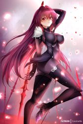 Rule 34 | 1girl, armor, artist name, bodysuit, breasts, commentary, covered erect nipples, fate/grand order, fate (series), gae bolg (fate), high heels, highres, holding, holding weapon, leg up, lips, looking at viewer, medium breasts, parted lips, scathach (fate), shiny clothes, shoulder armor, shoulder pads, simple background, solo, weapon, zasshu