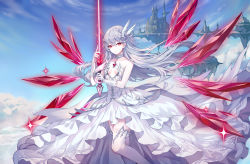 Rule 34 | 1girl, absurdres, bare shoulders, blue sky, character request, choker, cloud, copyright request, day, dress, feet out of frame, floating island, gloves, hair between eyes, head wings, highres, holding, holding sword, holding weapon, long hair, looking at viewer, outdoors, red eyes, sheya, silver hair, sky, solo, strapless, strapless dress, sword, thighhighs, weapon, white dress, white gloves, wings