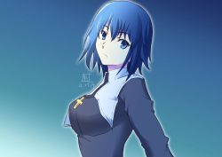 Rule 34 | 1girl, 2021, black dress, blue background, blue eyes, blue hair, breasts, ciel (tsukihime), closed mouth, commentary request, cross, dated, dress, gradient background, habit, hair between eyes, highres, long sleeves, looking at viewer, medium breasts, nun, ranshin, short hair, signature, solo, traditional nun, tsukihime, tsukihime (remake)