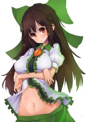 Rule 34 | 1girl, black hair, crossed arms, frills, hair ornament, hair ribbon, highres, long hair, looking at viewer, md5 mismatch, midriff, navel, no wings, oruka (kamituki0827), puffy sleeves, red eyes, reiuji utsuho, resized, resolution mismatch, ribbon, shirt, short sleeves, simple background, skirt, solo, source larger, stomach, third eye, touhou, vest, white background