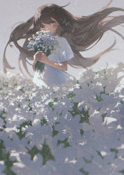 Rule 34 | 1girl, blue eyes, blush, bouquet, brown hair, commentary request, covered mouth, dress, field, floating hair, flower, flower field, grey background, highres, holding, holding bouquet, long hair, looking at viewer, original, potg (piotegu), short sleeves, solo, very long hair, white dress, white flower, white theme