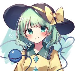 Rule 34 | 1girl, black hat, bow, closed mouth, green eyes, green hair, hat, hat bow, heart, heart of string, komeiji koishi, looking at viewer, moshihimechan, short hair, smile, solo, third eye, touhou, upper body, yellow bow