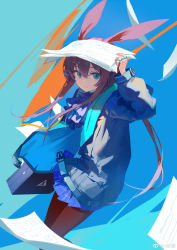 Rule 34 | 1girl, absurdres, amiya (arknights), animal ears, arknights, ascot, blue ascot, blue eyes, blue jacket, blue skirt, briefcase, brown hair, brown pantyhose, feet out of frame, hair between eyes, highres, holding, holding paper, jacket, jewelry, kitk qun, long hair, looking at viewer, multiple rings, open clothes, open jacket, pantyhose, paper, parted lips, plaid, plaid skirt, pleated skirt, ponytail, rabbit ears, rhodes island logo (arknights), ring, sidelocks, skirt, smile, solo, suitcase, very long hair