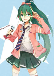 Rule 34 | 1girl, bad id, bad pixiv id, character name, green eyes, green hair, hatsune miku, headphones, long hair, matako, matching hair/eyes, microphone, necktie, open mouth, ponytail, project diva (series), project diva f, solo, thighhighs, very long hair, vocaloid