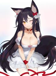Rule 34 | 1girl, absurdres, animal ears, bare shoulders, bell, between legs, black hair, blush, bow, breasts, choker, cleavage, closed mouth, collarbone, detached sleeves, dress, fox ears, fox girl, fox tail, hair bow, hand between legs, highres, jingle bell, large breasts, long hair, looking at viewer, orange eyes, original, own hands together, red bow, red choker, red ribbon, ribbon, short sleeves, simple background, sitting, smile, solo, strapless, strapless dress, tail, thighhighs, very long hair, white background, white dress, white thighhighs, wrist ribbon, yoru (yowuyoru)