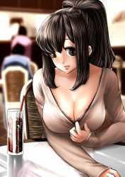 Rule 34 | 1girl, black eyes, black hair, blurry, blurry background, bra, breasts, cafe, chair, cleavage, closed mouth, clothes pull, cup, drinking glass, drinking straw, female focus, high ponytail, highres, ice, indoors, lace, lace-trimmed bra, lace trim, large breasts, long hair, long sleeves, looking at viewer, original, ponytail, reflection, shirt pull, sidelocks, sitting, souryu, table, underwear