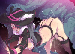 Rule 34 | 1girl, arm support, ass, bent over, bestiality, black hair, blush, breasts, clothes pull, doggystyle, fingerless gloves, gloves, gradient background, hair over one eye, hand on another&#039;s head, hat, interspecies, long hair, mabinogi, monster, nipples, open mouth, petenshi (dr. vermilion), rape, red eyes, saliva, sex, sex from behind, shirt pull, solo focus, sweat, tape, tears, vaginal