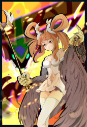 Rule 34 | 1girl, bare shoulders, black wings, blunt bangs, breasts, claws, cleavage, collar, commentary request, duel monster, feathered wings, feathers, hair rings, harpie&#039;s pet dragon, harpie channeler, harpy, highres, holding, holding collar, holding staff, long hair, looking at viewer, medium breasts, mochi curry, monster girl, navel, orange eyes, orange hair, pointy ears, solo, staff, thighhighs, twintails, white thighhighs, winged arms, wings, yu-gi-oh!