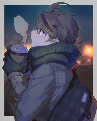 Rule 34 | 1boy, ahoge, bad id, bad pixiv id, bag, blush, breath, brown hair, coffee cup, cup, disposable cup, gloves, hair between eyes, hou (ppo), jacket, looking away, male focus, messenger bag, open mouth, orange eyes, original, profile, scarf, short hair, shoulder bag, solo, steam, winter clothes