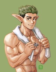 Rule 34 | 1boy, abs, adam&#039;s apple, bara, elf, highres, jewelry, kraft (sousou no frieren), large pectorals, looking at viewer, male focus, mondoart, navel, necklace, nipples, nude, pectorals, pointy ears, seductive smile, short hair, smile, solo, sousou no frieren, stomach, sweat, thick eyebrows, toned, toned male, towel, towel around neck, undercut, upper body, v-taper, wavy hair
