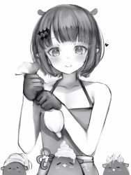 Rule 34 | 1girl, :3, :d, = =, absurdres, apron, bare arms, bare shoulders, blunt bangs, blush, collarbone, fang, gloves, greyscale, hair ornament, hairclip, heart, highres, hololive, hololive english, mole, mole under eye, monochrome, nanashi (nlo), ninomae ina&#039;nis, open mouth, pastry bag, pointy ears, short hair, simple background, smile, takodachi (ninomae ina&#039;nis), virtual youtuber, whipped cream