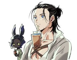 Rule 34 | 1boy, 1girl, adventurer (ff14), beard stubble, between pectorals, breast envy, bubble tea challenge, chest harness, cup, disposable cup, drink, drinking, drinking straw, erenville, expressionless, facial hair, final fantasy, final fantasy xiv, hair slicked back, harness, jitome, looking ahead, lowah, male focus, mature male, medium hair, mustache stubble, object on pectorals, pectoral cleavage, pectorals, scar, scar across eye, smile, solo focus, stubble, thick eyebrows, upper body, warrior of light (ff14)