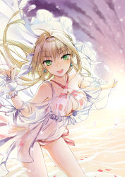 Rule 34 | 1girl, :d, ahoge, backlighting, bare shoulders, bikini, bikini top only, blonde hair, blush, bracelet, breasts, cleavage, collarbone, contrapposto, cowboy shot, criss-cross halter, earrings, fate/grand order, fate (series), flower, frills, front-tie top, green eyes, hair between eyes, hair intakes, hair ribbon, halterneck, hand up, highres, jewelry, jh, leaning forward, legs apart, long hair, looking at viewer, medium breasts, navel, nero claudius (fate), nero claudius (fate) (all), nero claudius (swimsuit caster) (fate), nero claudius (swimsuit caster) (third ascension) (fate), open mouth, red bikini, ribbon, rose, see-through, side-tie bikini bottom, sidelocks, smile, solo, splashing, standing, stomach, strap slip, striped bikini, striped bikini top, striped clothes, sunlight, swimsuit, thighs, tsurime, water drop, white flower, white rose