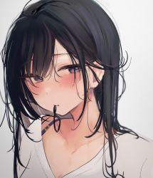 Rule 34 | 1girl, bad id, bad twitter id, black hair, blush, bra strap, close-up, collarbone, highres, looking at viewer, mouth hold, nekomugiharu, original, portrait, purple eyes, rubber band, shirt, simple background, solo, sweatdrop, white shirt