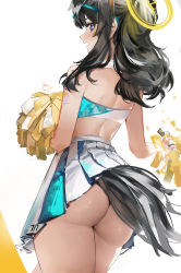 Rule 34 | 1girl, absurdres, ass, bare shoulders, black hair, blue archive, cheerleader, halo, hibiki (blue archive), hibiki (cheer squad) (blue archive), highres, long hair, millennium cheerleader outfit (blue archive), pleated skirt, simple background, skirt, solo, thighs, white background, yonchan