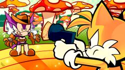 Rule 34 | 2boys, belt, brown footwear, brown gloves, brown headwear, commentary, english commentary, fang, fang the sniper, giant mushroom, gloves, hat, highres, motion lines, multiple boys, mushroom, orange fur, pointing gun, purple fur, scared, sonic (series), sonic the fighters, sonic the hedgehog (classic), tails (sonic), toby s., white fur, white gloves