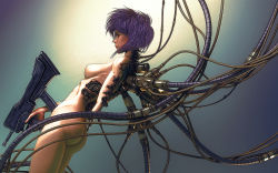 Rule 34 | 1girl, ass, breasts, cable, commentary, cyberpunk, cyborg, ghost in the shell, gun, highres, kusanagi motoko, plugged into flesh, profile, purple hair, realistic, red eyes, sideboob, solo, weapon, wen jr