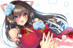 Rule 34 | 1girl, absurdres, animal ear fluff, animal ears, ayakichi, blue flower, blue rose, bow, braid, breasts, brown hair, cat ears, cat girl, china dress, chinese clothes, commission, detached sleeves, dress, flower, hair bow, hair flower, hair ornament, highres, large breasts, long hair, looking at viewer, original, own hands together, pink eyes, portrait, ribbon, rose, skeb commission, smile, solo, white background, white ribbon, yellow bow