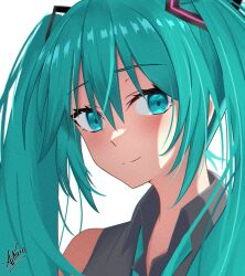 Rule 34 | 1girl, absurdres, aikuroalter, aqua eyes, aqua hair, artist name, bare shoulders, black eyeliner, commentary, eyeliner, grey shirt, hair between eyes, hair ornament, hatsune miku, highres, light smile, long hair, looking at viewer, makeup, necktie, shirt, signature, simple background, sleeveless, smile, solo, twintails, unkempt, vocaloid, white background
