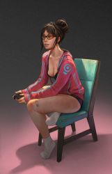Rule 34 | 1girl, animated, animated gif, black hair, black panties, breasts, chair, cleavage, controller, dualshock, full body, game console, game controller, gamepad, glasses, gradient background, gui guimaraes, hair bun, hood, hoodie, no pants, nose, open clothes, open hoodie, original, panties, playing games, playstation 4, playstation controller, screen light, short hair, single hair bun, sitting, socks, solo, underwear