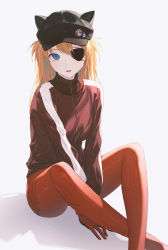 1girl animal_ears ass between_legs black_hat blue_eyes bodysuit cabbie_hat eyepatch fake_animal_ears hat hiera12 jacket knees_up long_hair long_sleeves looking_at_viewer mecha_pilot_suit neon_genesis_evangelion orange_hair parted_lips plugsuit red_bodysuit red_jacket revision shadow simple_background sitting solo souryuu_asuka_langley track_jacket v_arms white_background