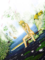 Rule 34 | 2girls, armor, ass, bath, bathing, blonde hair, blue eyes, breasts, day, dutch angle, huge weapon, lily pad, medium breasts, multiple girls, nature, nude, outdoors, ruins, shindol, sitting, soaking feet, sword, water, waterfall, weapon, wet