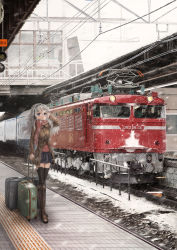 Rule 34 | 1girl, absurdres, bad id, bad pixiv id, black thighhighs, blue eyes, boots, cross-laced footwear, gd. fengzi, hairband, headphones, highres, knee boots, locomotive, looking at viewer, luggage, mecha to identify, original, railroad tracks, scarf, snow, snowing, solo, standing, tactile paving, thighhighs, train, train station, white hair