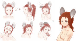 Rule 34 | 1girl, animal ears, bread, breasts, brown hair, drooling, food, grey eyes, headpat, long hair, looking at viewer, looking back, mithril, mouse ears, nipples, nude, one eye closed, open mouth, saliva, simple background, small breasts, smile, solo focus, wavy hair, white background
