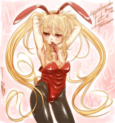 Rule 34 | 00s, armpits, arms behind head, blonde hair, fate testarossa, flat chest, highres, leotard, long hair, lyrical nanoha, mahou shoujo lyrical nanoha, mouth hold, pantyhose, playboy bunny, red eyes, ryou (shirotsumesou), solo, twintails