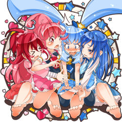 Rule 34 | &gt; &lt;, 10s, 4girls, :o, aida mana, aino megumi, ao yasai, barefoot, blue dress, blue eyes, blue hair, blue skirt, blush, brooch, closed eyes, color connection, crown, cure lovely, cure princess, dokidoki! precure, dress, embarrassed, feet, flipped hair, half updo, happinesscharge precure!, heart, heart brooch, hishikawa rikka, kneeling, long hair, magical girl, mini crown, multiple girls, panties, pantyshot, pink dress, pink eyes, pink hair, pink skirt, ponytail, precure, red hair, shirayuki hime, short hair, sitting, skirt, soles, star (symbol), surprised, thighhighs, toes, twintails, underwear, white panties, wide-eyed, wide ponytail, yuri