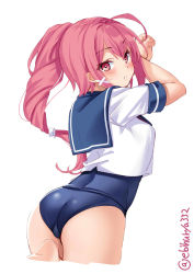 Rule 34 | 1girl, ahoge, ass, blush, ebifurya, from behind, hair ornament, highres, i-168 (kancolle), kantai collection, long hair, looking at viewer, one-piece swimsuit, pink eyes, pink hair, school swimsuit, school uniform, short sleeves, simple background, solo, swimsuit, swimsuit under clothes, thighs, trefoil, twitter username, white background, x hair ornament