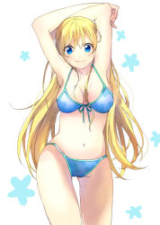 Rule 34 | 1girl, armpits, arms up, bad id, bad pixiv id, bikini, blonde hair, blue bikini, blue eyes, blush, breasts, cleavage, front-tie top, large breasts, long hair, navel, original, smile, solo, swimsuit, ume (plumblossom)